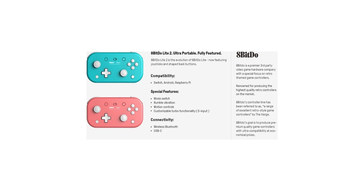 8BitDoLite 2 Pink gamepad  (Pink, Android, Switch, Raspberry Pi)