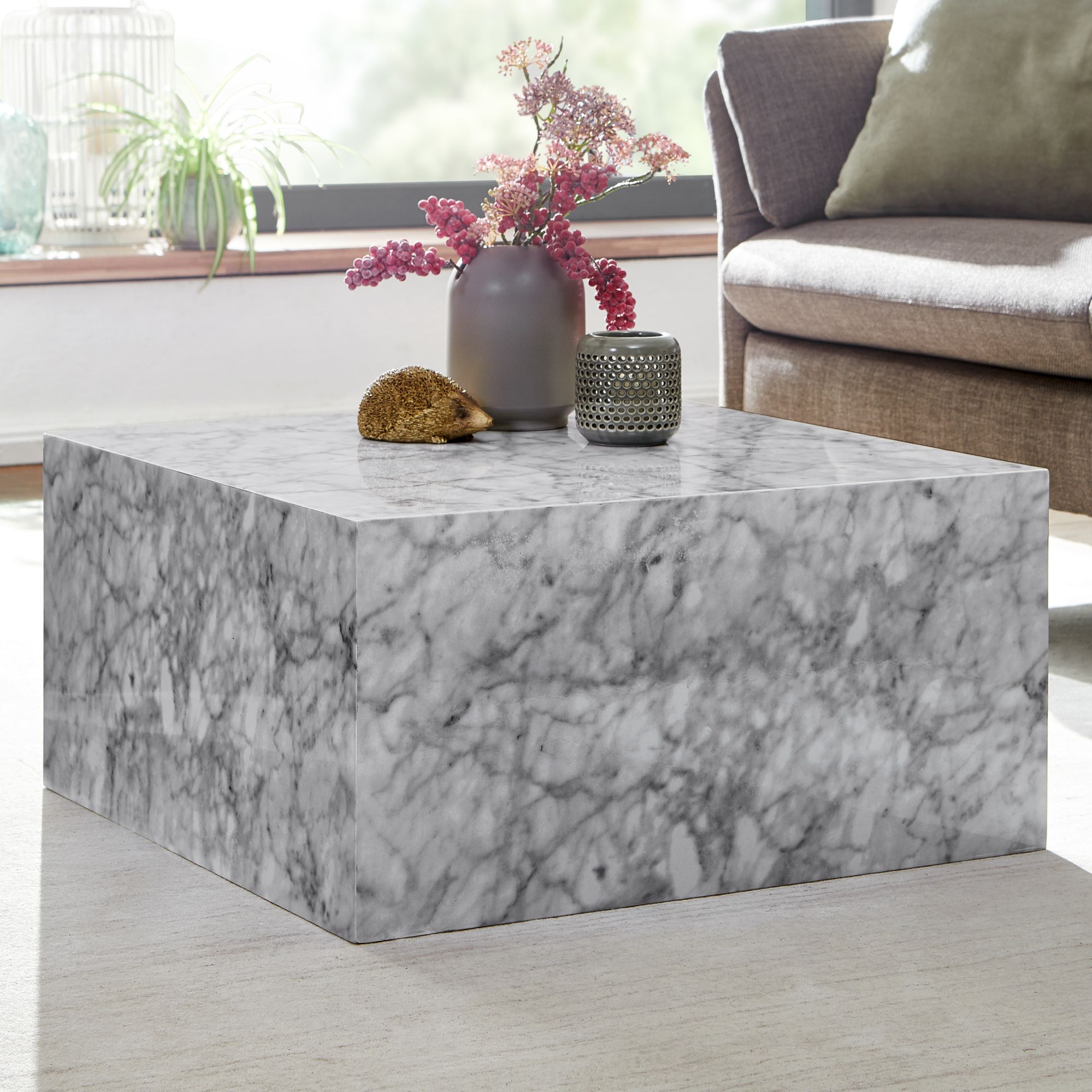 FineBuy Couchtisch MONOBLOC Weiß Marmor Optik 60 cm Wohnzimmertisch Sofatisch