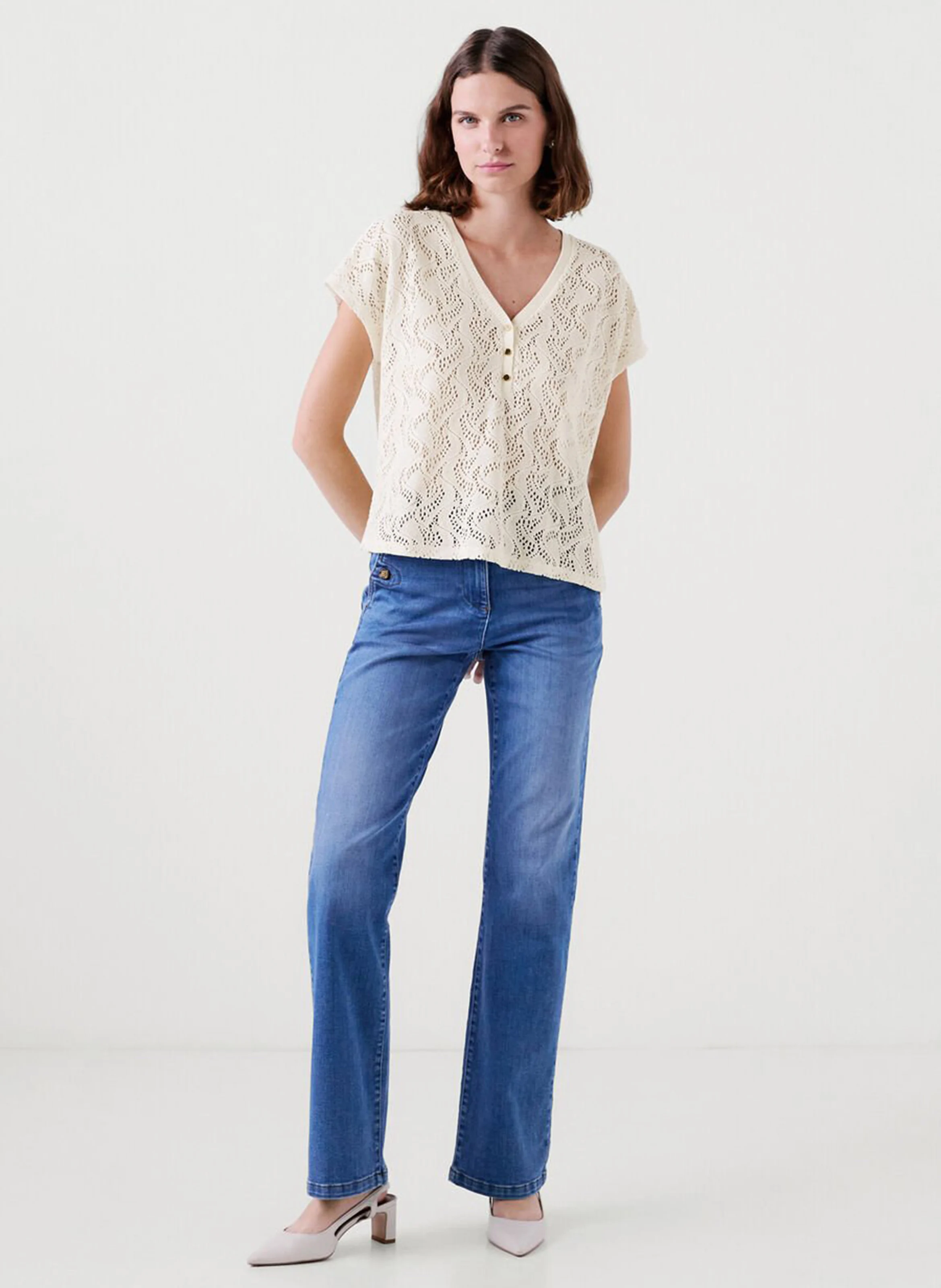 TNOE - Top ample col V en coton mélangé | Beige