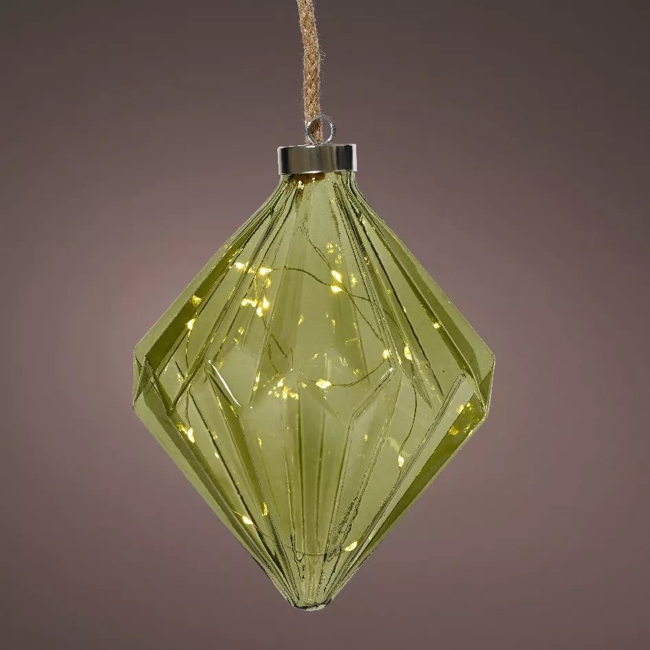Suspension lumineuse en verre à piles 15 LED (H20 cm) Diamant Thé vert