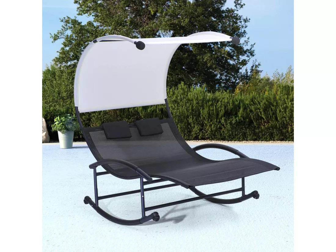 Transat de jardin double avec auvent noir écru ESSAOUIRA