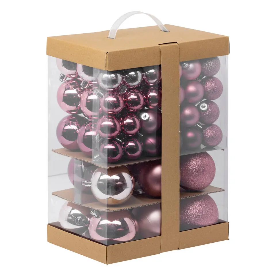 Feeric Kerstballen - 60x st - 4, 6, 7 en 8 cm - roze - kunststof