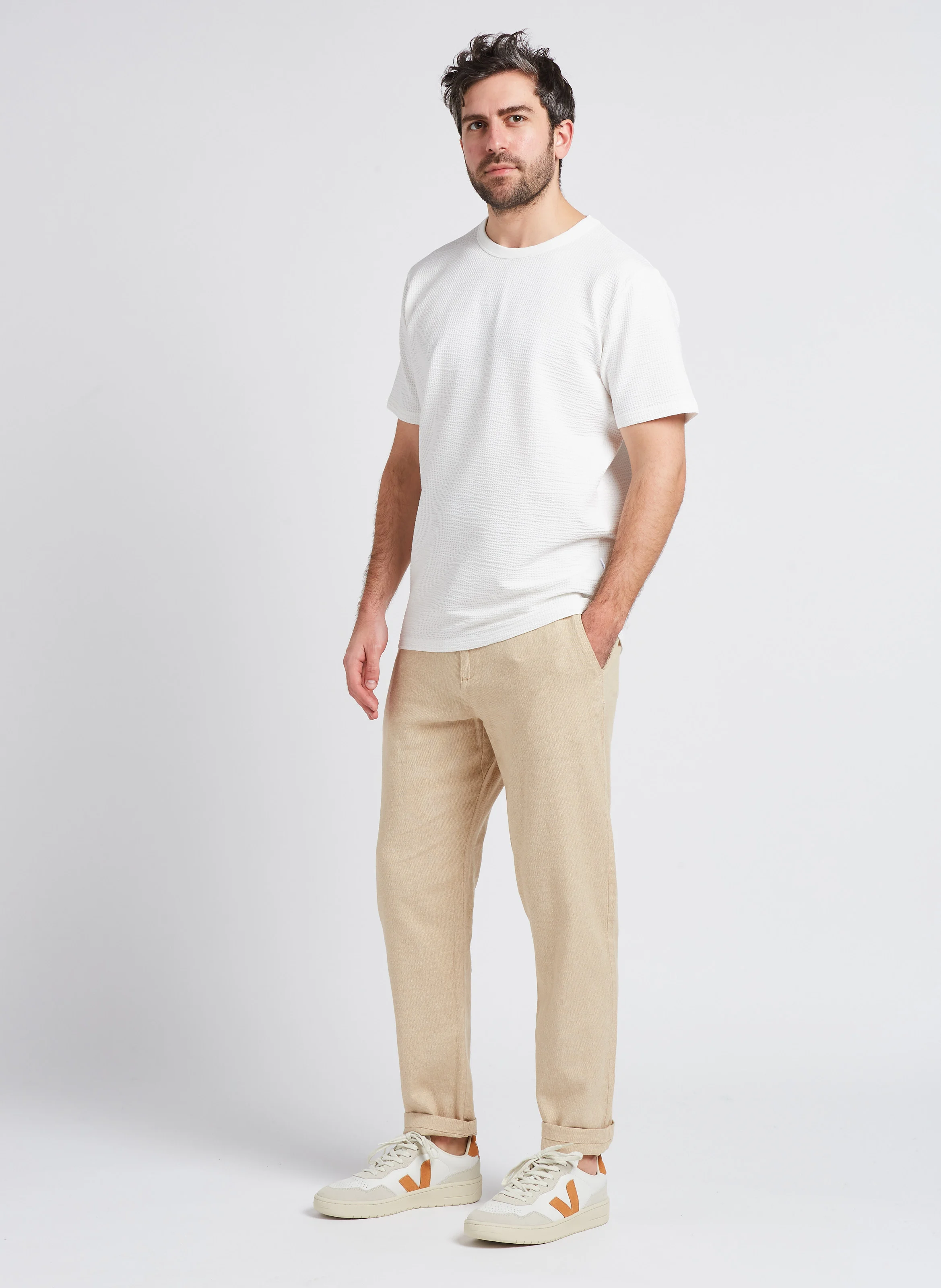 Pantalon droit en coton bio mélangé| Beige