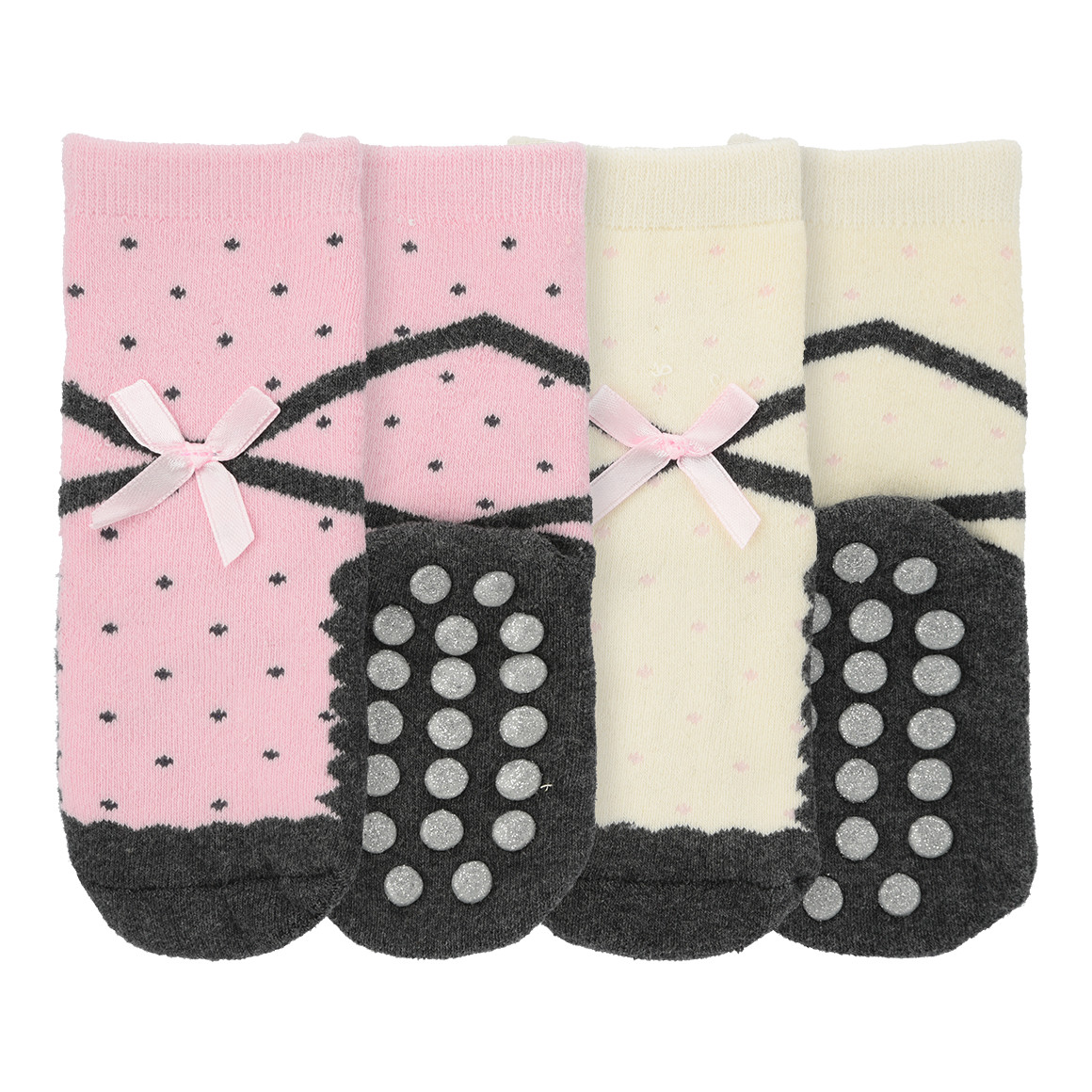Topomini 2 Paar Baby Frottee-Socken mit Zierschleife rosa / cremeweiss / dunkelgrau