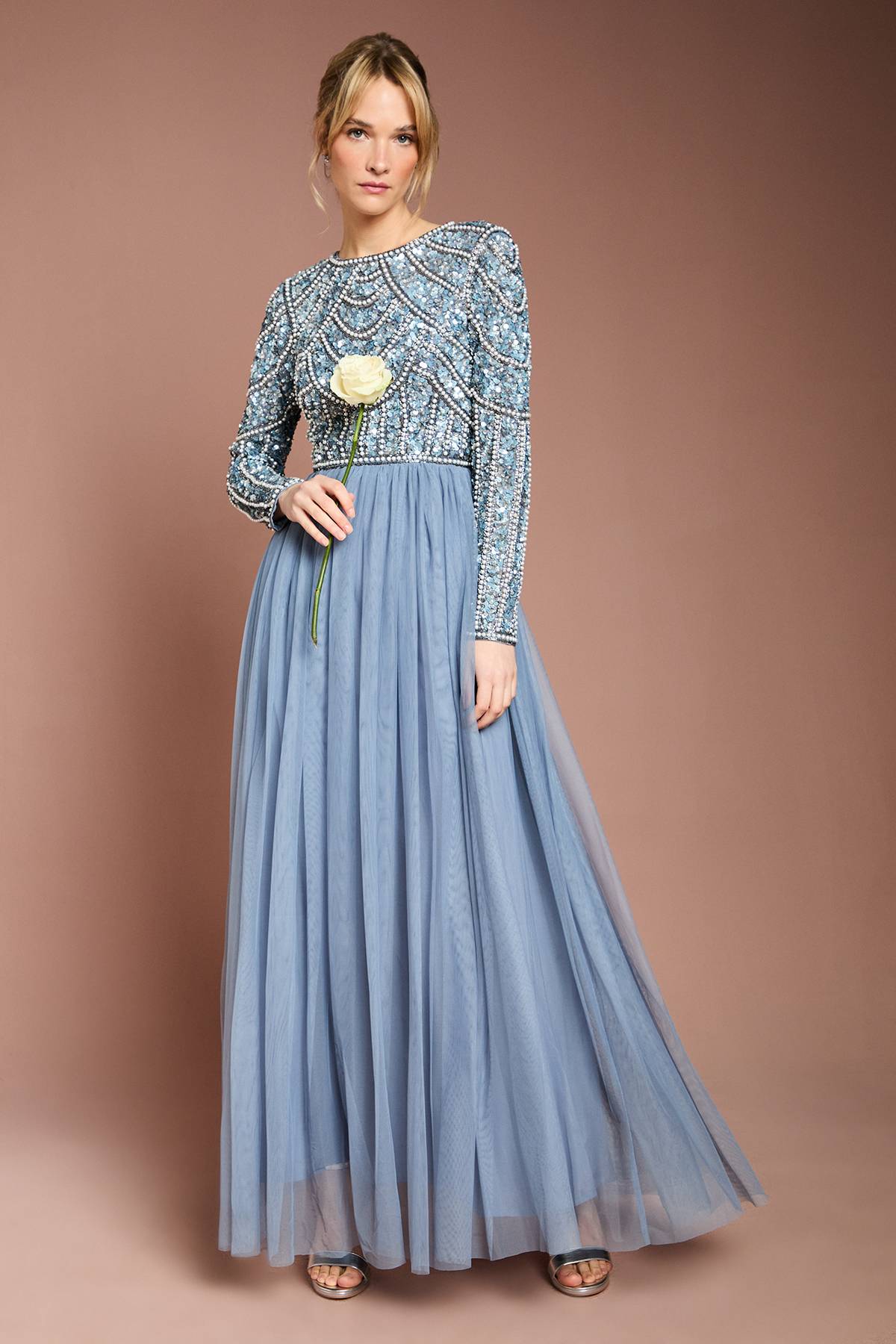Coast Robe de Demoiselle d'Honneur Maxi Coast Honoured à Manches Longues avec Corsage à Paillettes et Jupe en Tulle