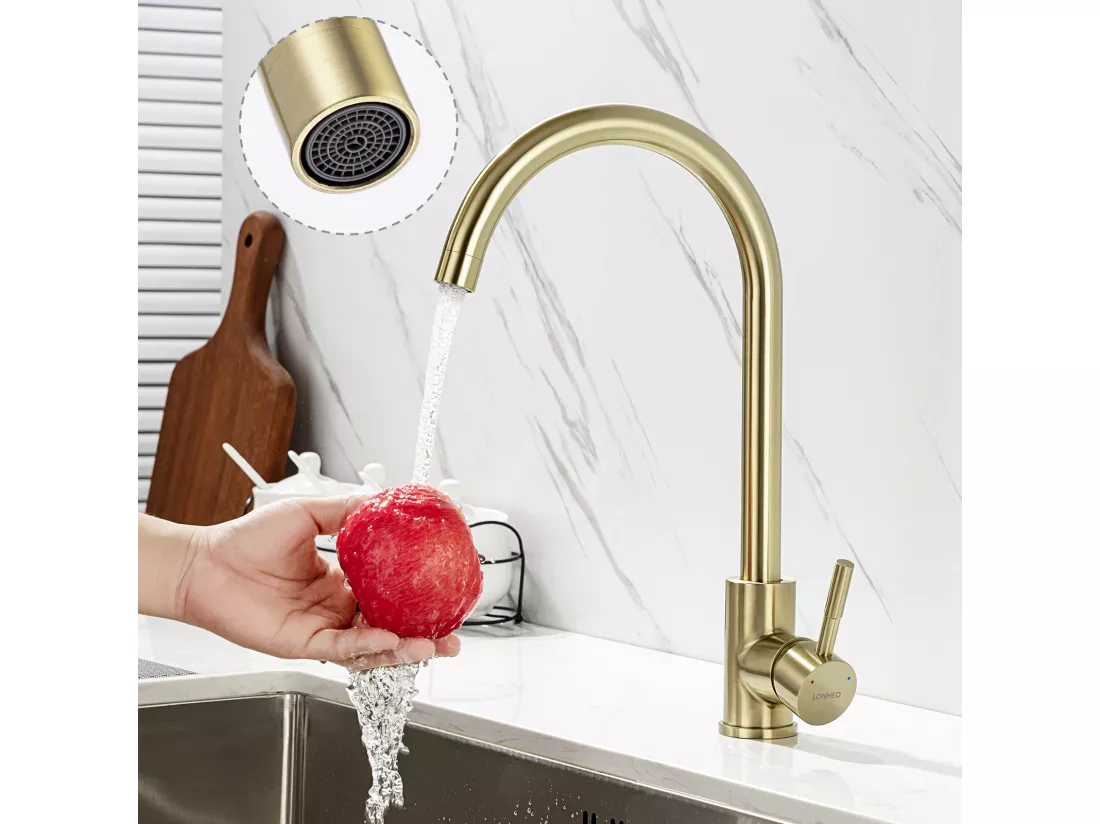 Auralum Max Colonne douche en laiton Bronze Rétro,Douche avec Mitigeur Mécanique,Hauteur Réglable+Robinet Cuisine en Inox,Rotatif à 360°,Doré Brossé