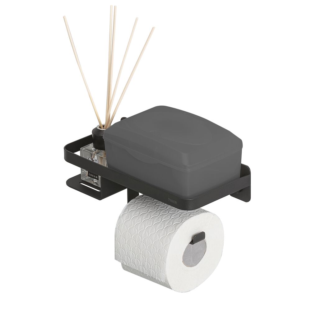 Tiger Caddy toiletrolhouder met planchet zwart
