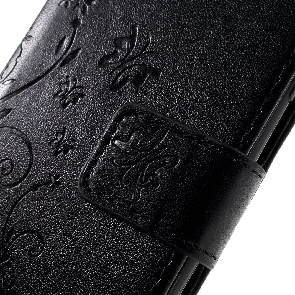 iPhone SE (2022/2020) / 8 / 7 Leder Tasche mit Kartenfach   Handschlaufe Butterfly Flowers - Schwarz