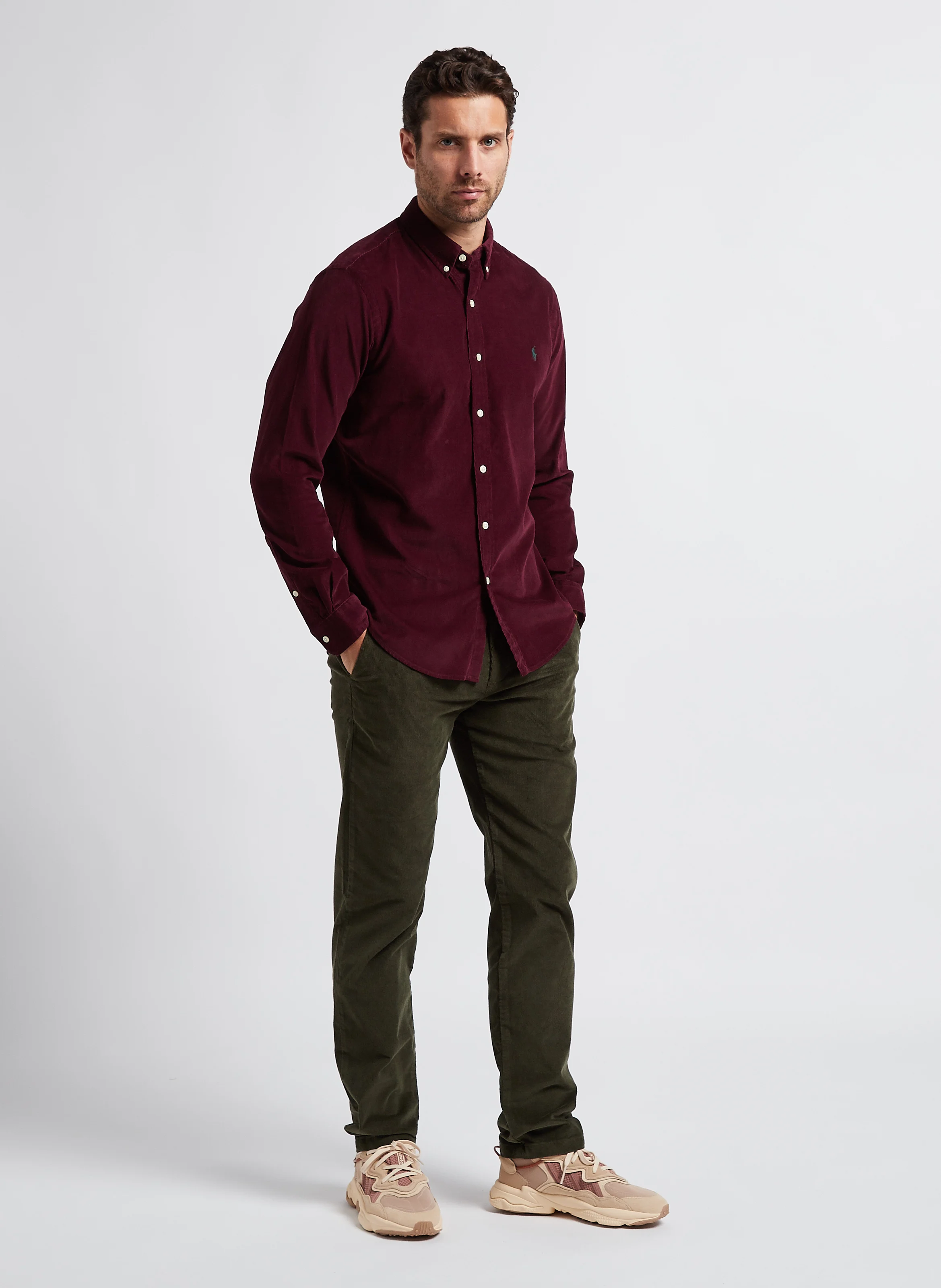 Pantalon droit en velours de coton bio mélangé | Vert