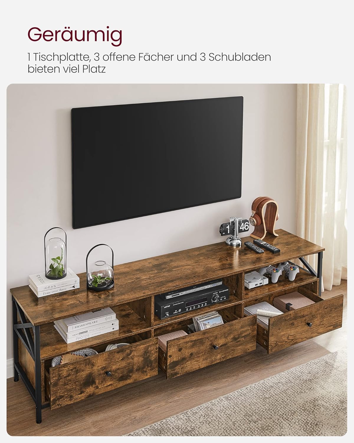 VASAGLE TV-Schrank, Lowboard für Fernseher bis zu 80 Zoll, Fernsehtisch mit 3 Schubladen, 3 offenen Fächern, 178 x 40 x 50 cm, Wohnzimmer, Stahlgestell, vintagebraun-schwarz LTV302B01