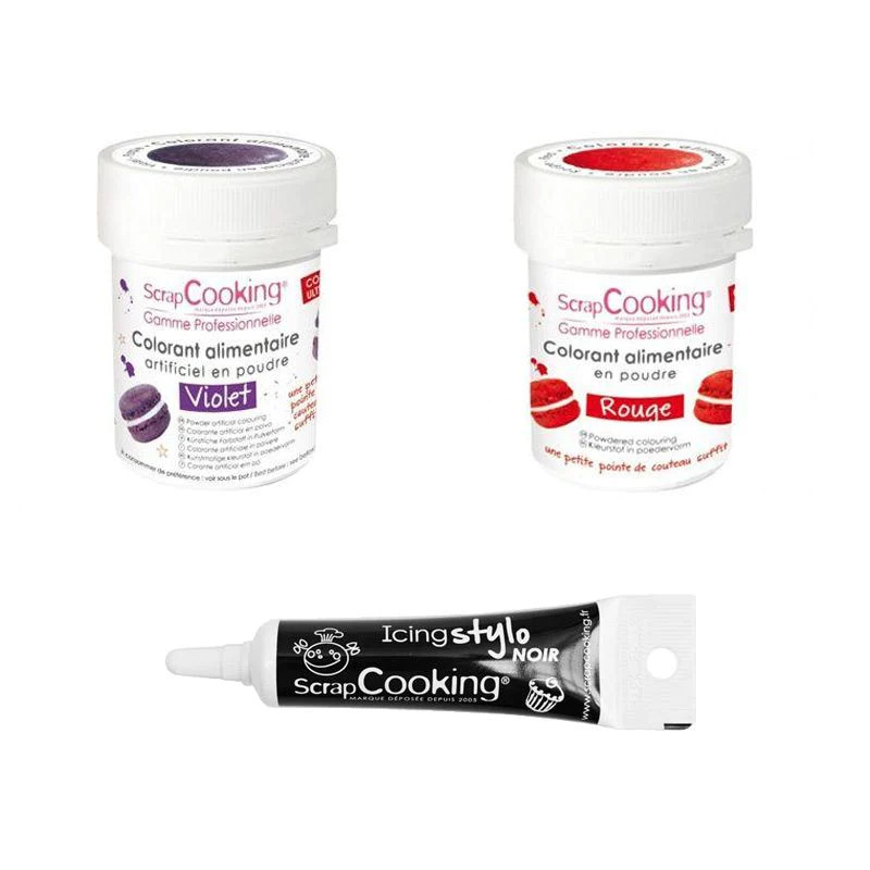 2 colorants alimentaires rouge-violet + Stylo glaçage noir Scrapcookin
