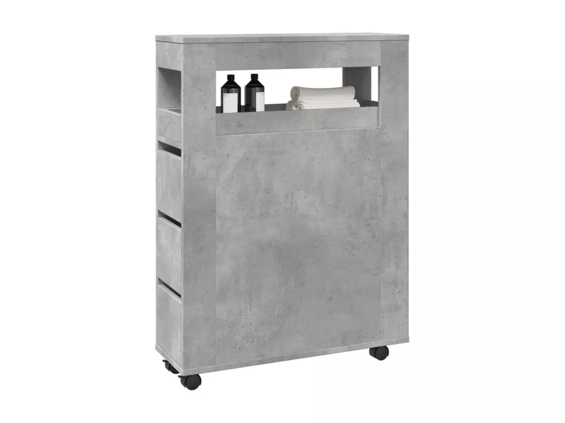 Meuble étroit de salle de bain à roulettes gris béton