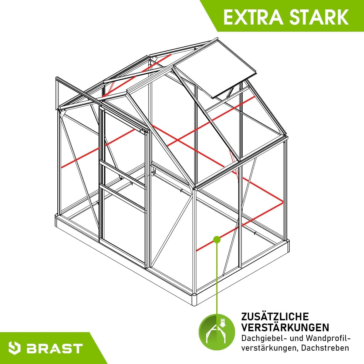 BRAST Gewächshaus Aluminium mit Fundament | 42 Modelle | 130x190x195cm - 490x250x235cm | TÜV geprüft | 6mm Hohlkammerplatten | rostfrei wetterfest temperaturbeständig | 130x190x195cm Grün