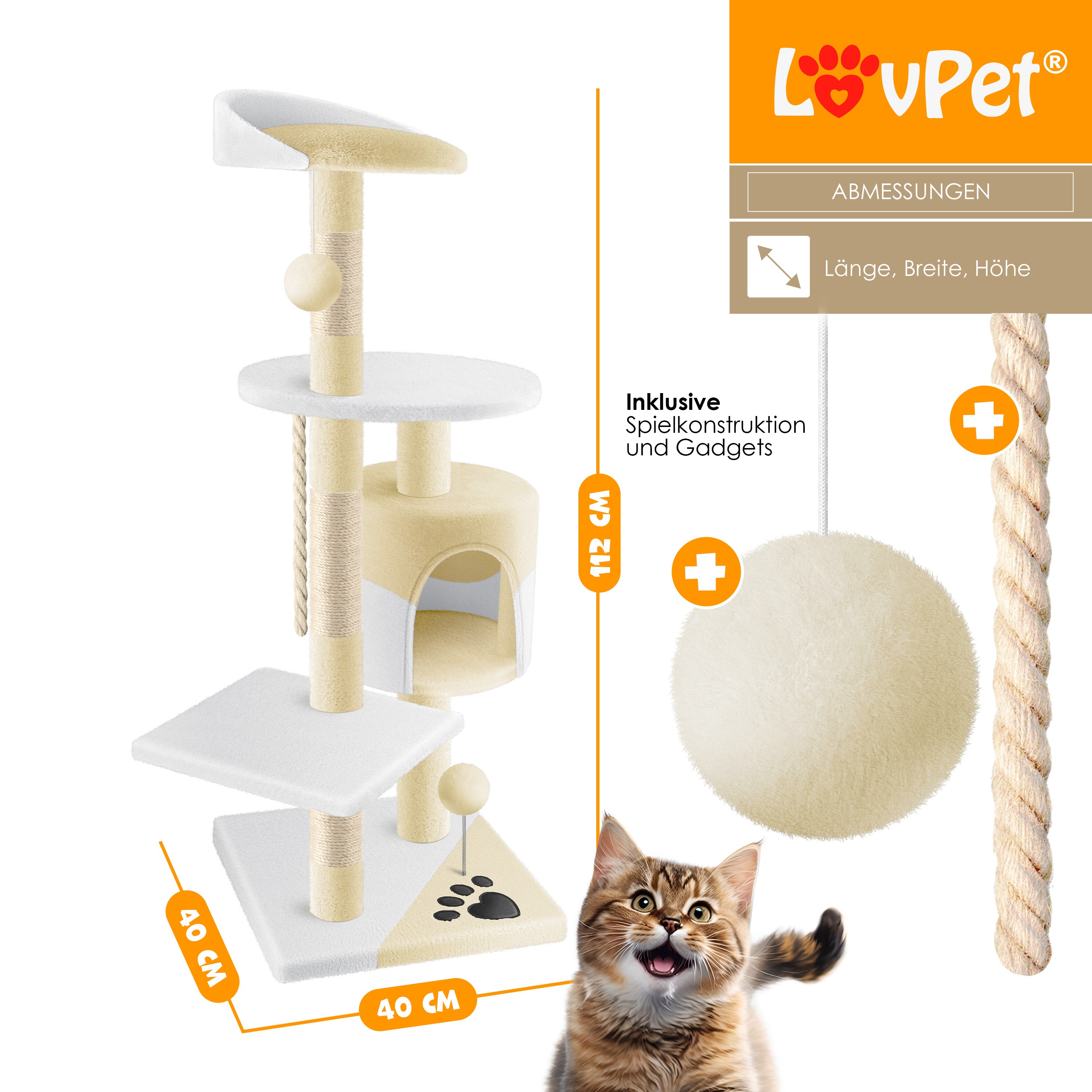 LOVPET® Kratzbaum Katzenbaum Kletterbaum, mit Sisalstämmen, Stabil, mit Höhle, Spielbälle, Spielsisal & Spielseil, Höhe 112cm, mit vielen Kuschel- und Spielmöglichkeiten