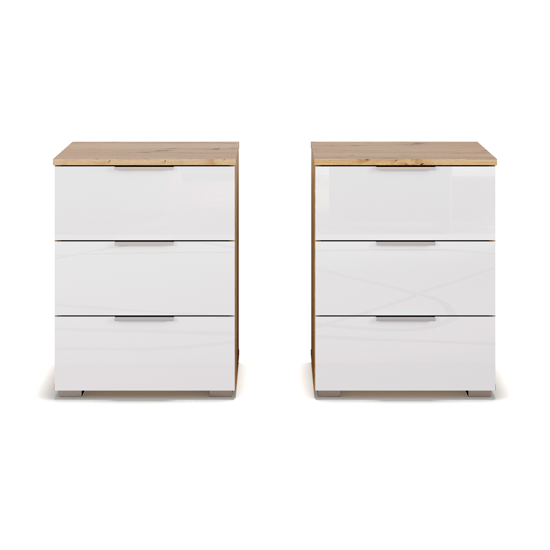 2er-Set-Nachttisch - Artisan Eiche-weiß Hochglanz - 3Schubkästen - 47 cm