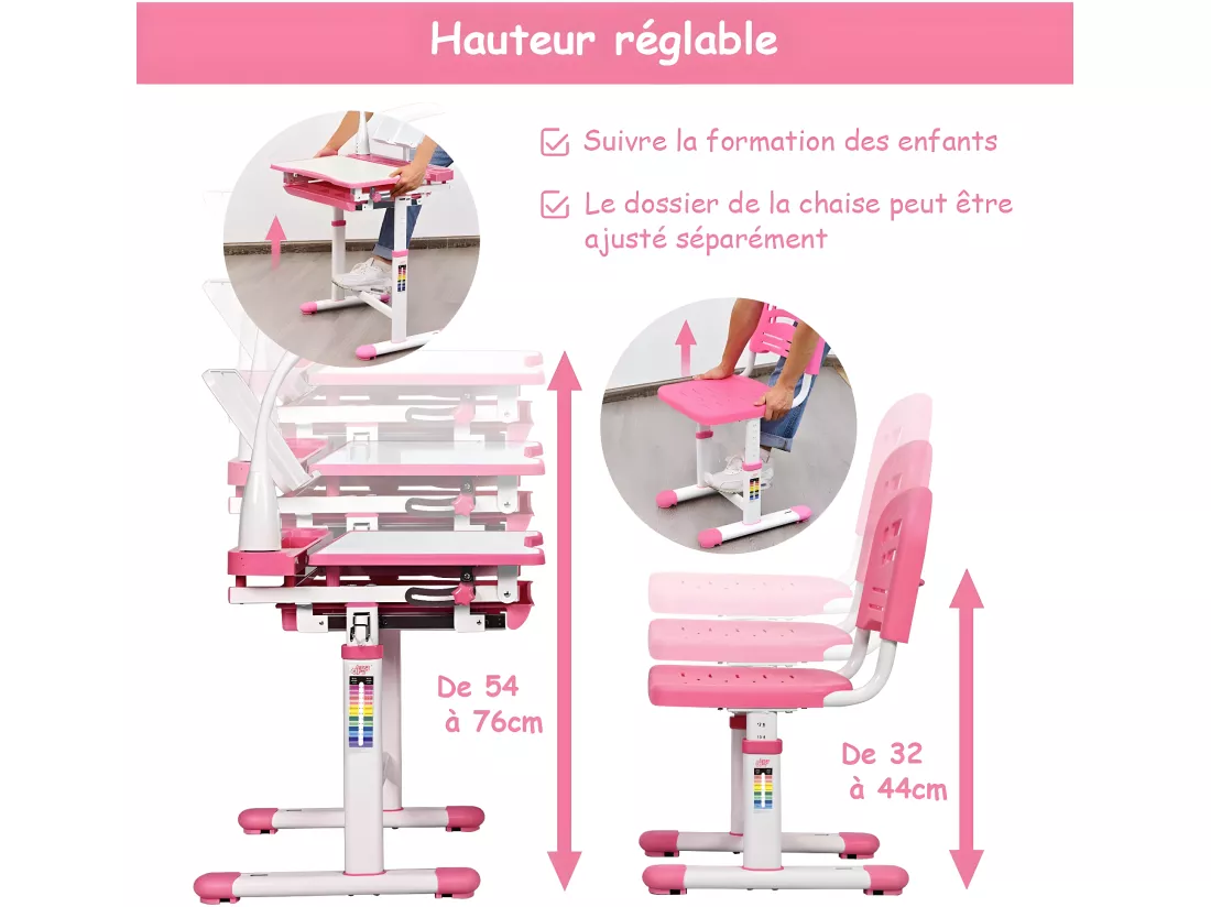 Set Bureau et Chaise pour Enfants avec Lampe LED,Bureau Inclinable 0°-40°,Hauteur Réglable,Charge Maximale 80KG Rose