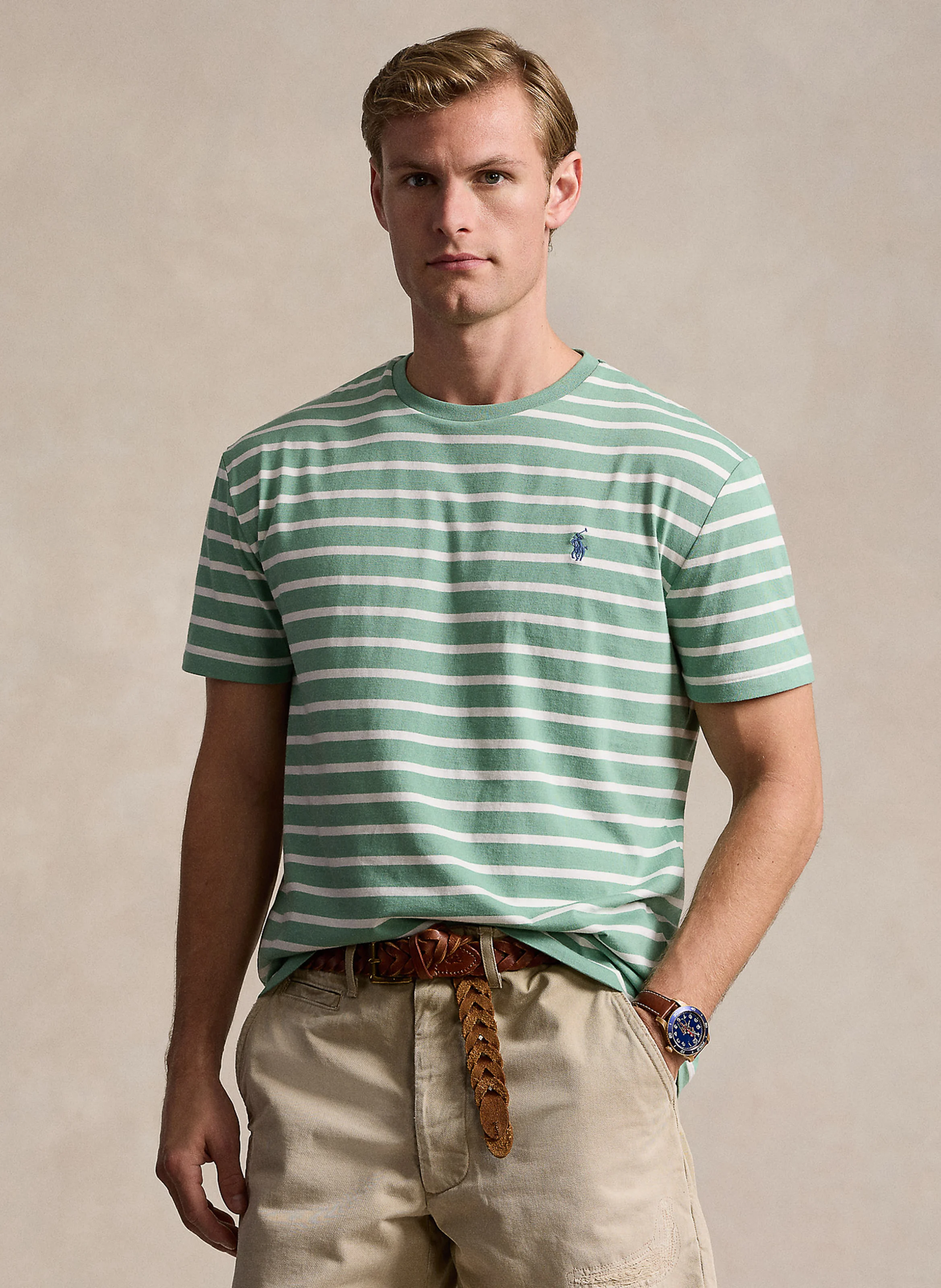 Tee-shirt col rond rayé brodé | Vert