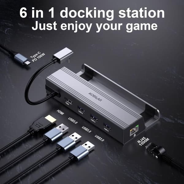 NÖRDIC Steam Deck-dokkingstasjon 1 til 6 - 1xHDMI4K60Hz, 1xUSB-C PD100W, 3xUSB-A 3.1 5Gbps, 1xRJ45 GigaLAN