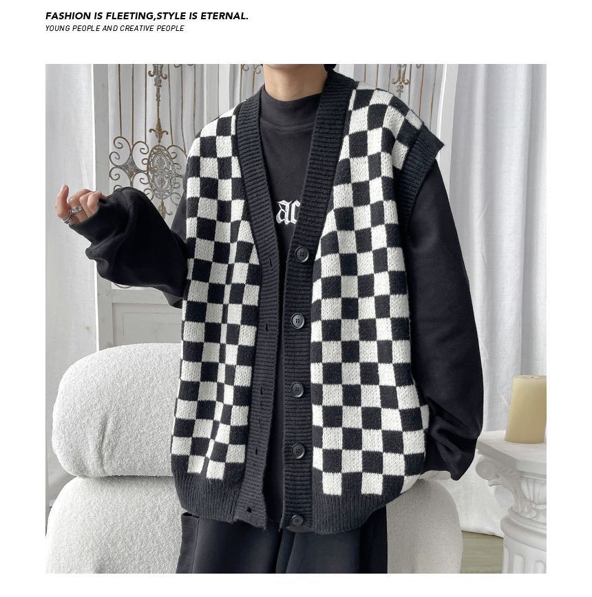 POSI - Checkerboard Single-Breasted Sweater Vest