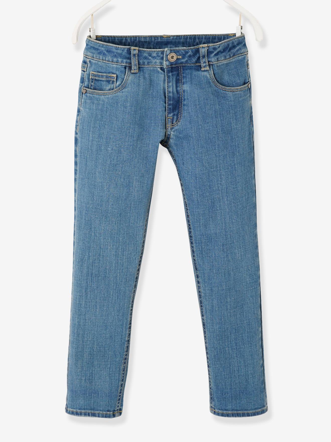 Calça jeans reta para meninas com quadris largos, azul médio, lisa.