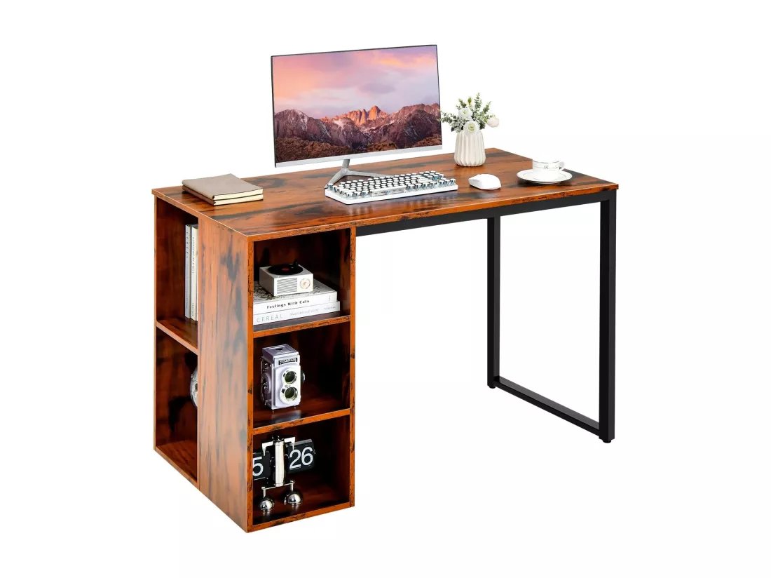 Bureau d'Ordinateur avec Bibliothèque, Bureau Informatique avec 5 Compartiments, Cadre en Métal, Table d'Ordinateur pour Bureau, Chambre, Studio, 115 x 59,5 x 75 cm (Marron Rustique)