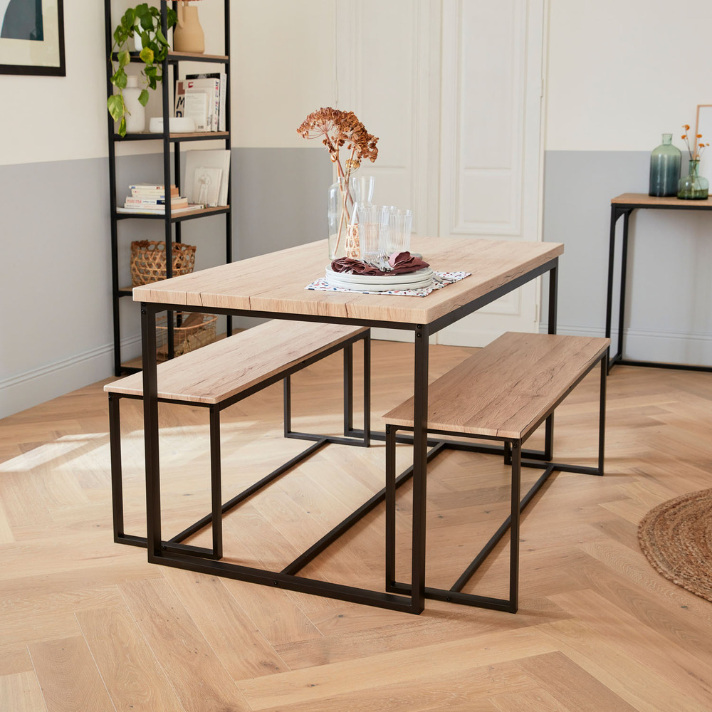 Set loft table rectangulaire en acier noir l140x l80 x h75cm. 2 bancs de l120x l35x h46cm. 4 places