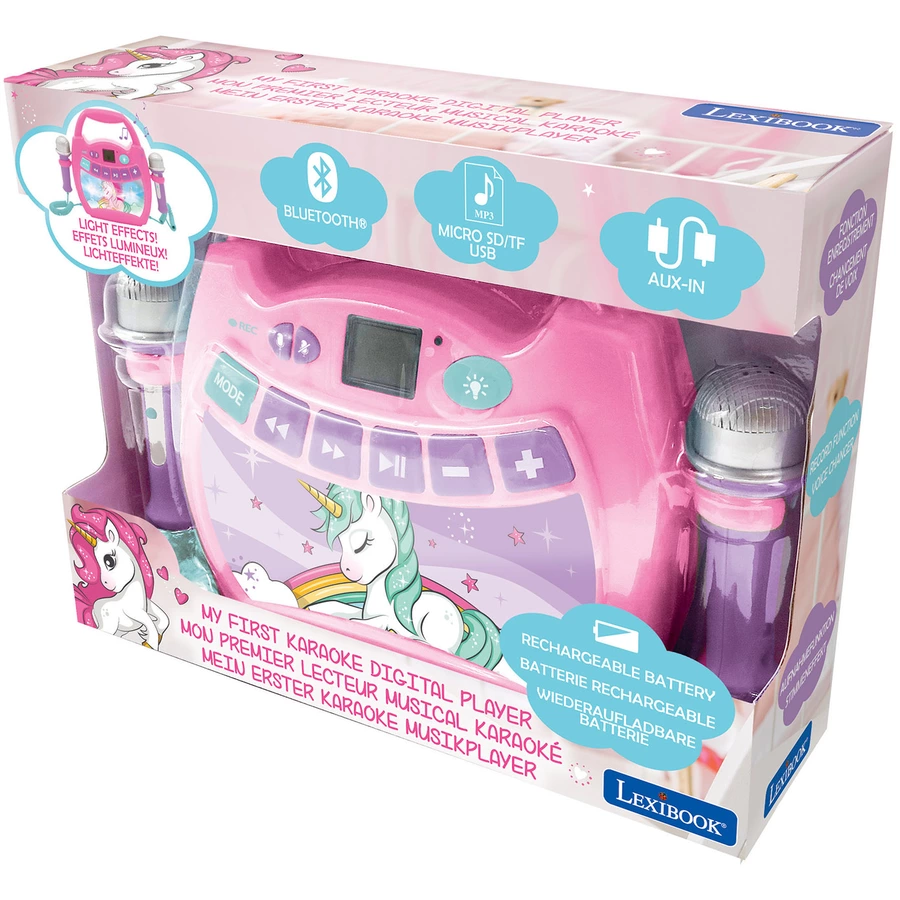 LEXIBOOK Einhorn - Mein erster digitaler Karaoke Player mit zwei Mikrofonen, LED Lichteffekten, Bluetooth und Akku