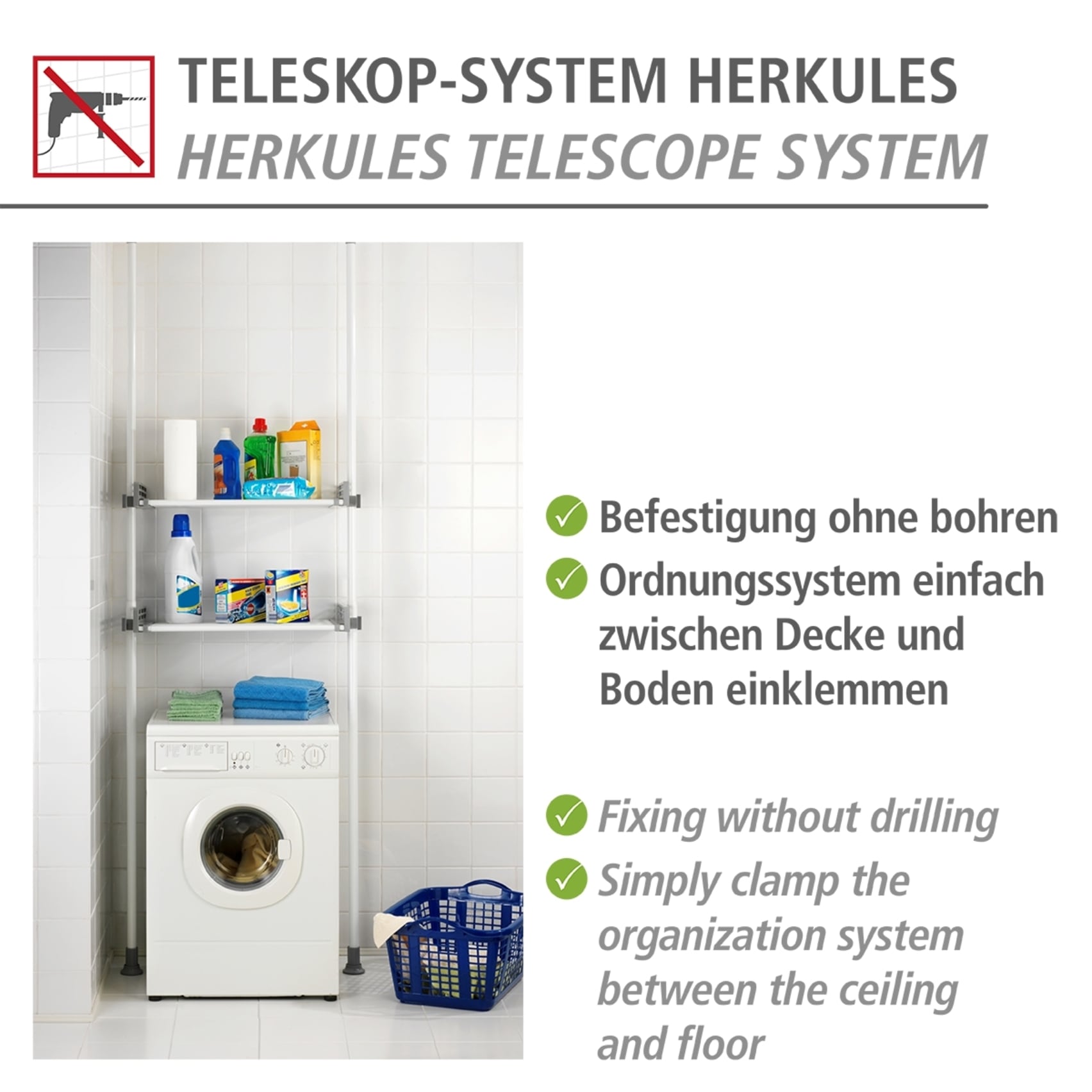 WENKO Teleskopregal »Modell Herkules Twin« Set,  2 Trägerstangen, 2 verstellbare Ablagen, ideal für Bad & Abstellkammer