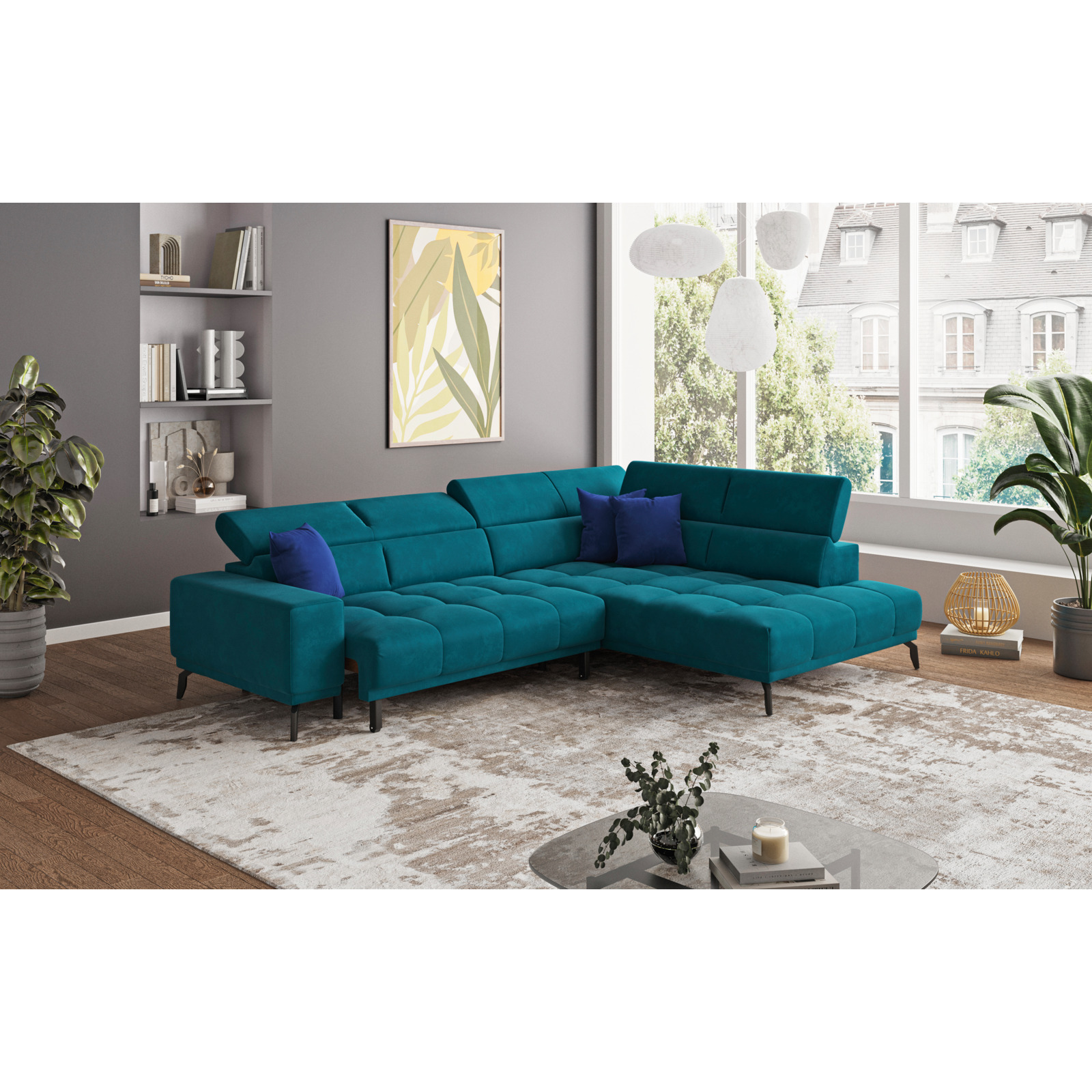 Ecksofa Jamba Stoff petrol, Ottomane rechts