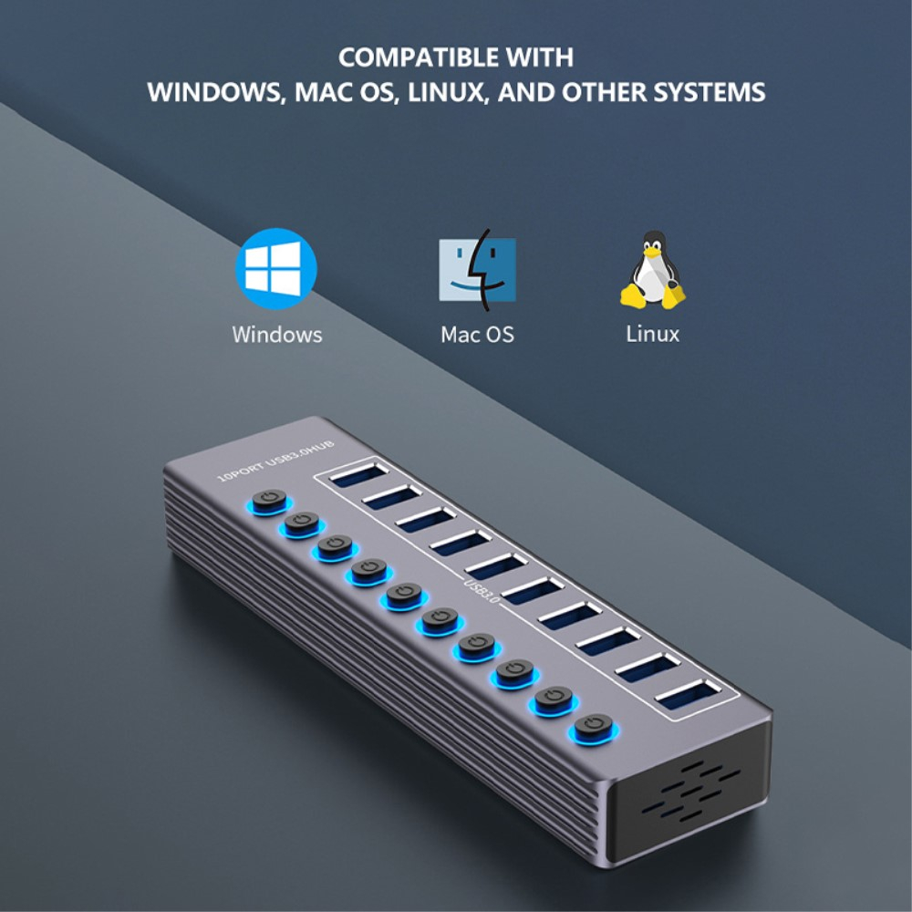 (17cm) 10-fach USB 3.0 Hub Aluminium Adapter mit USB Port Steuerung Tastenschalter 5GB/s   Netzteil (12V/3A) - Grau