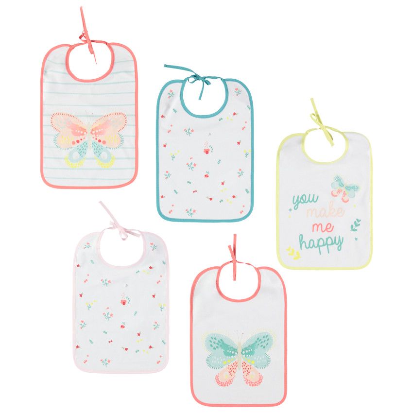 Lot de 5 bavoirs à motifs fantaisie et papillons colorés - Blanc