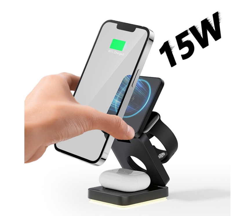 (15W) 3in1 MagSafe Qi Wireless Fast Charger Ladegerät Faltbare Ladestation mit LED Beleuchtung - Schwarz