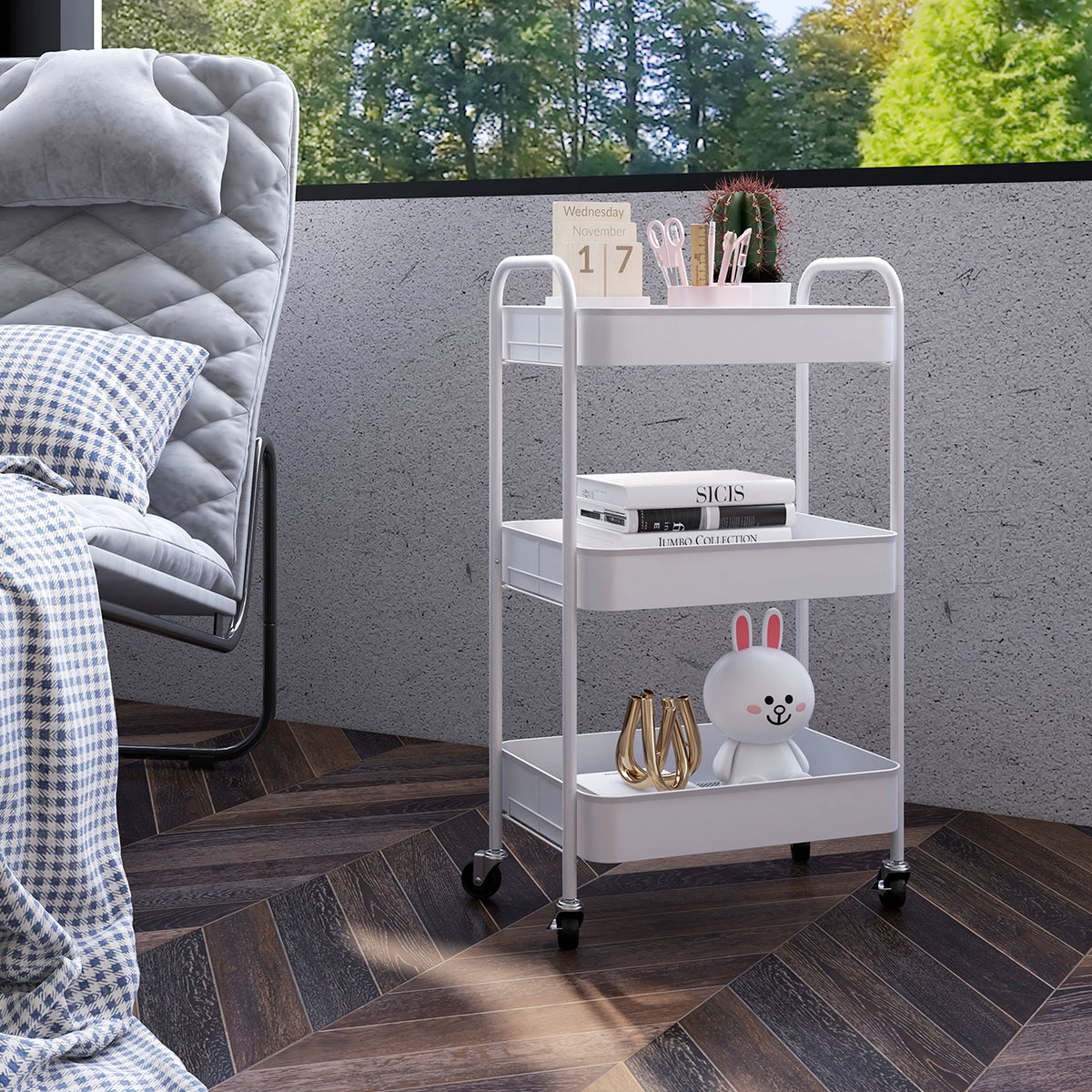 HOMCOM 3-laags serveerwagen, keukentrolley, opbergtrolley, bijzettafel voor keuken, woonkamer, staal, wit
