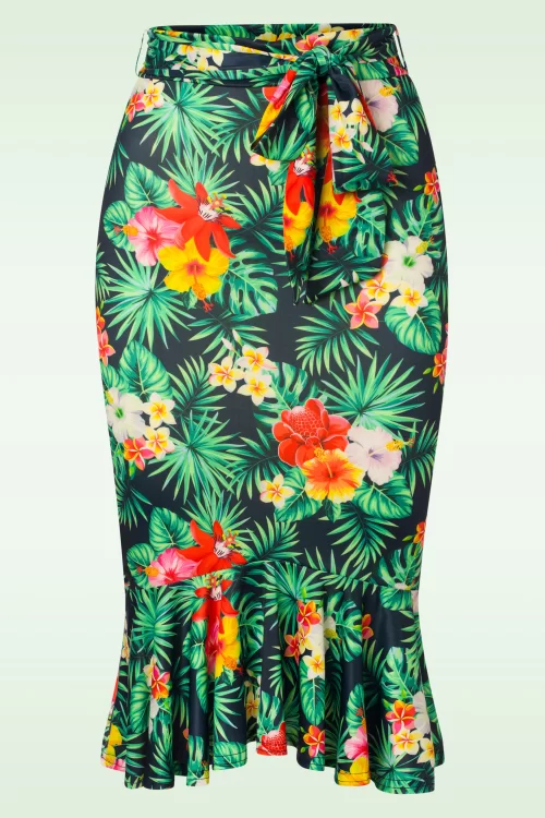 Vintage Chic for Topvintage Naomi Ruffle tropical pencil rok in marineblauw