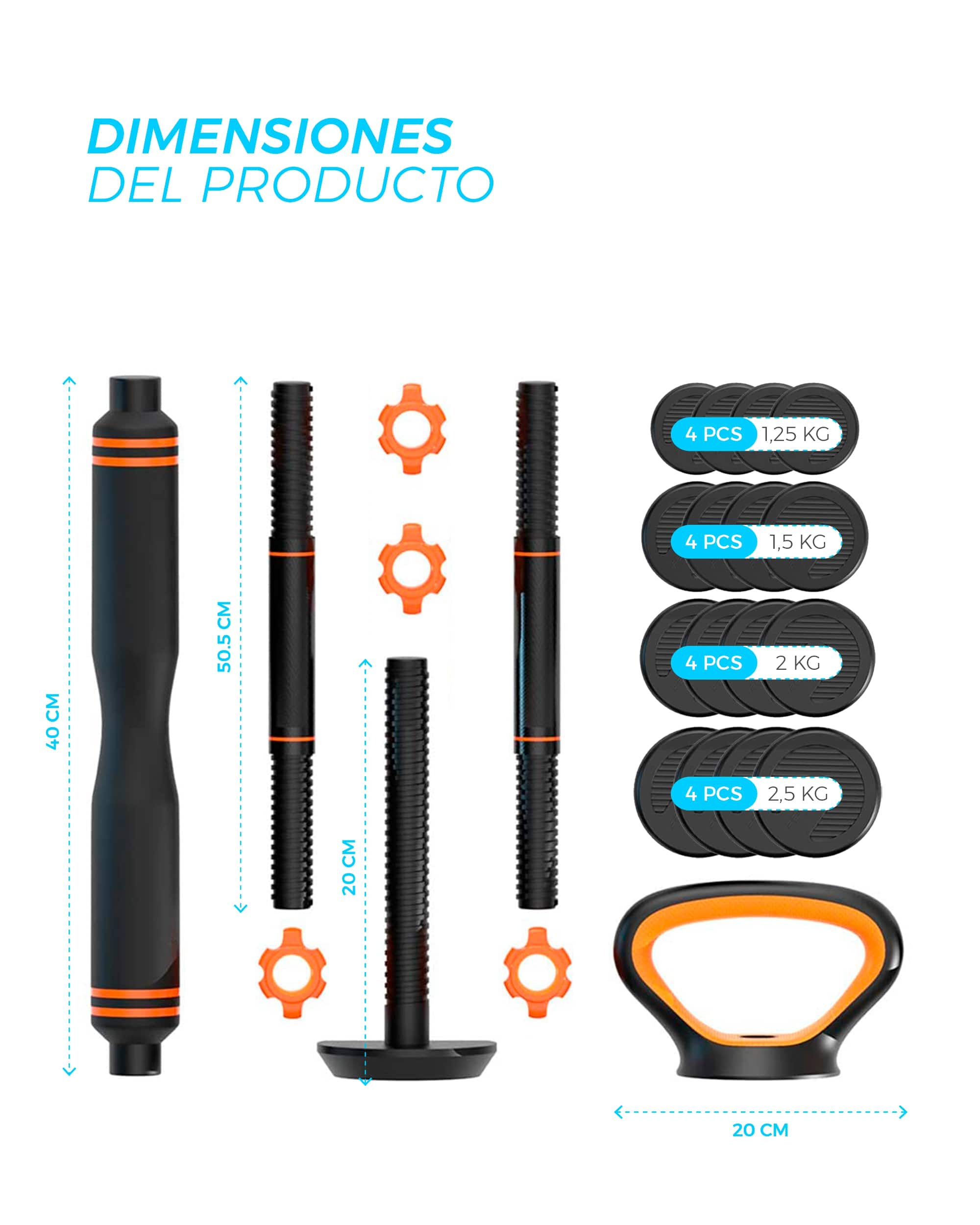 Kit Xiaomi de 30kg com halteres, barra e kettlebell