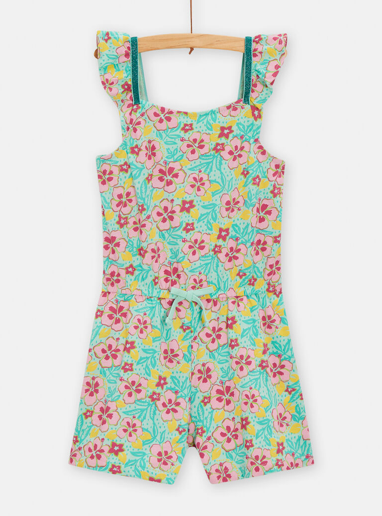 Combishort vert d'eau imprimé hibiscus pour fille