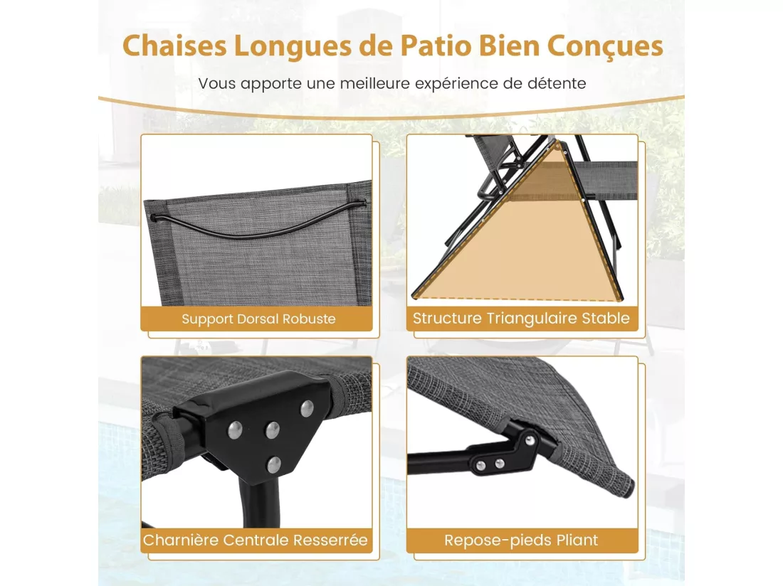 Lot de 2 Chaises Longues Pliantes, Bain de Soleil en Cadre Métallique, Chaise Longue d'Extérieur avec Dossier Réglable à 6 Positions, Transat de Jardin, pour Piscine, Patio, Charge 150KG