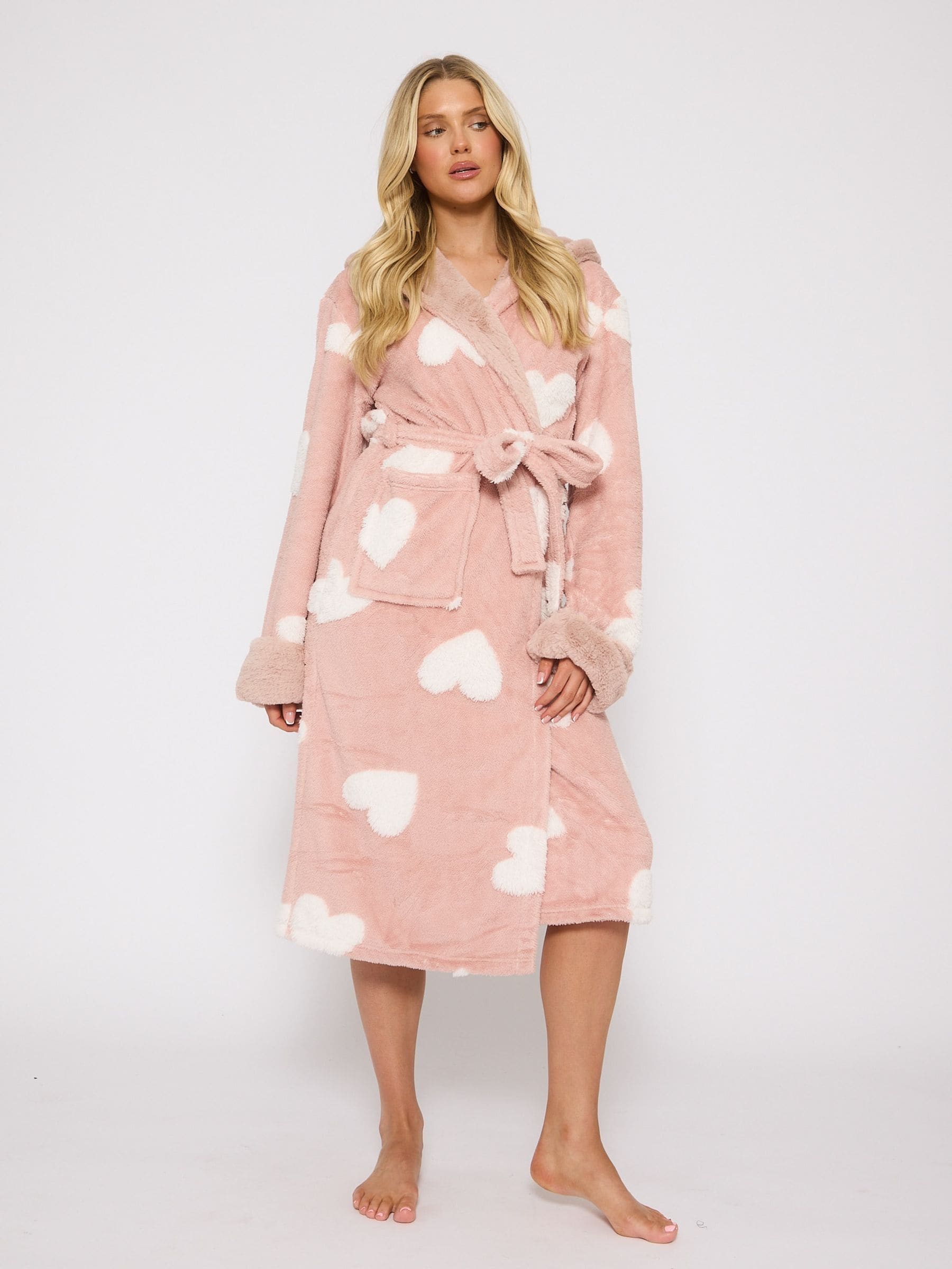 Loungeable Jaquard Heart Midi Hooded Dressing Gown