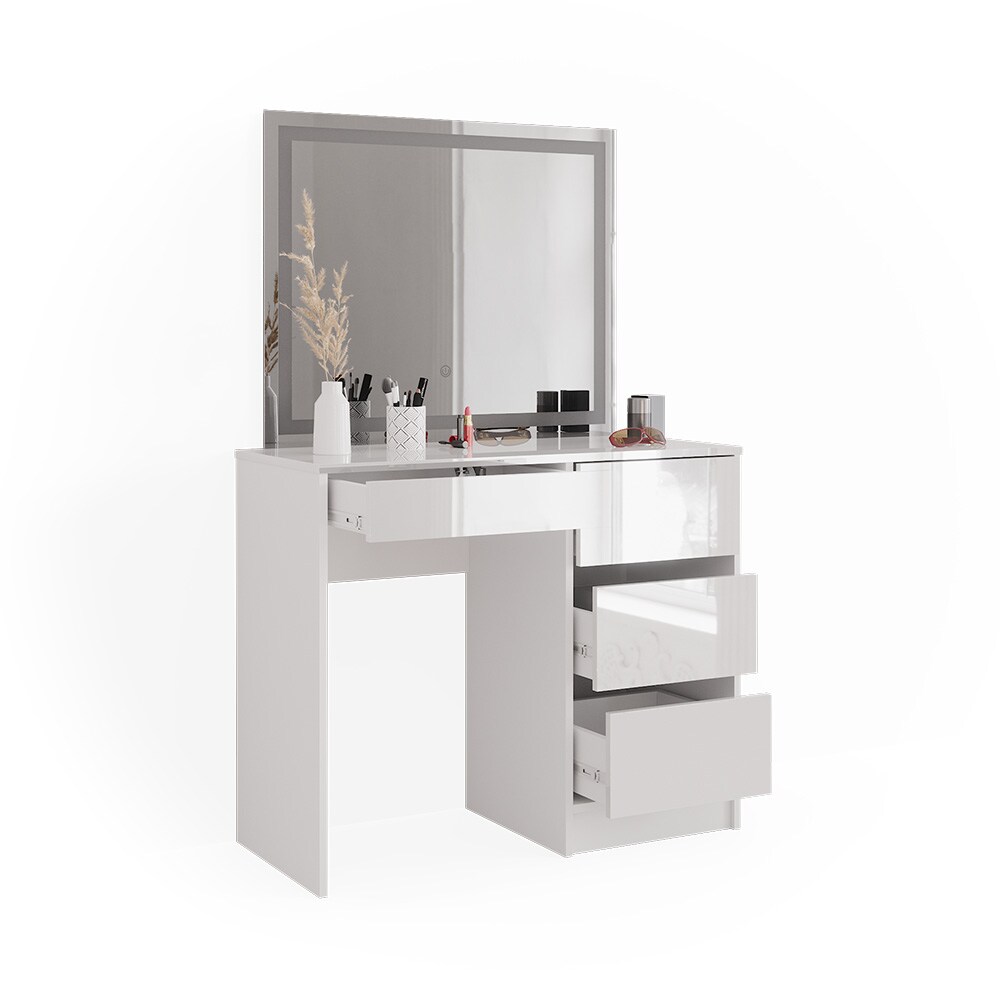 Vicco Schminktisch Sherry 90x75cm, Weiß Hochglanz, Kosmetiktisch mit LED-Spiegel