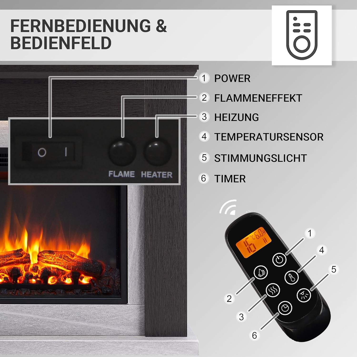 BALDERIA Hektor Elektrokamin - Elektrischer Standkamin mit Heizung 1000/2000 W, realistischer 3D-Flammeneffekt, LED-Beleuchtung, Fernbedienung programmierbar, Timer, Thermostat - Dunkelbraun