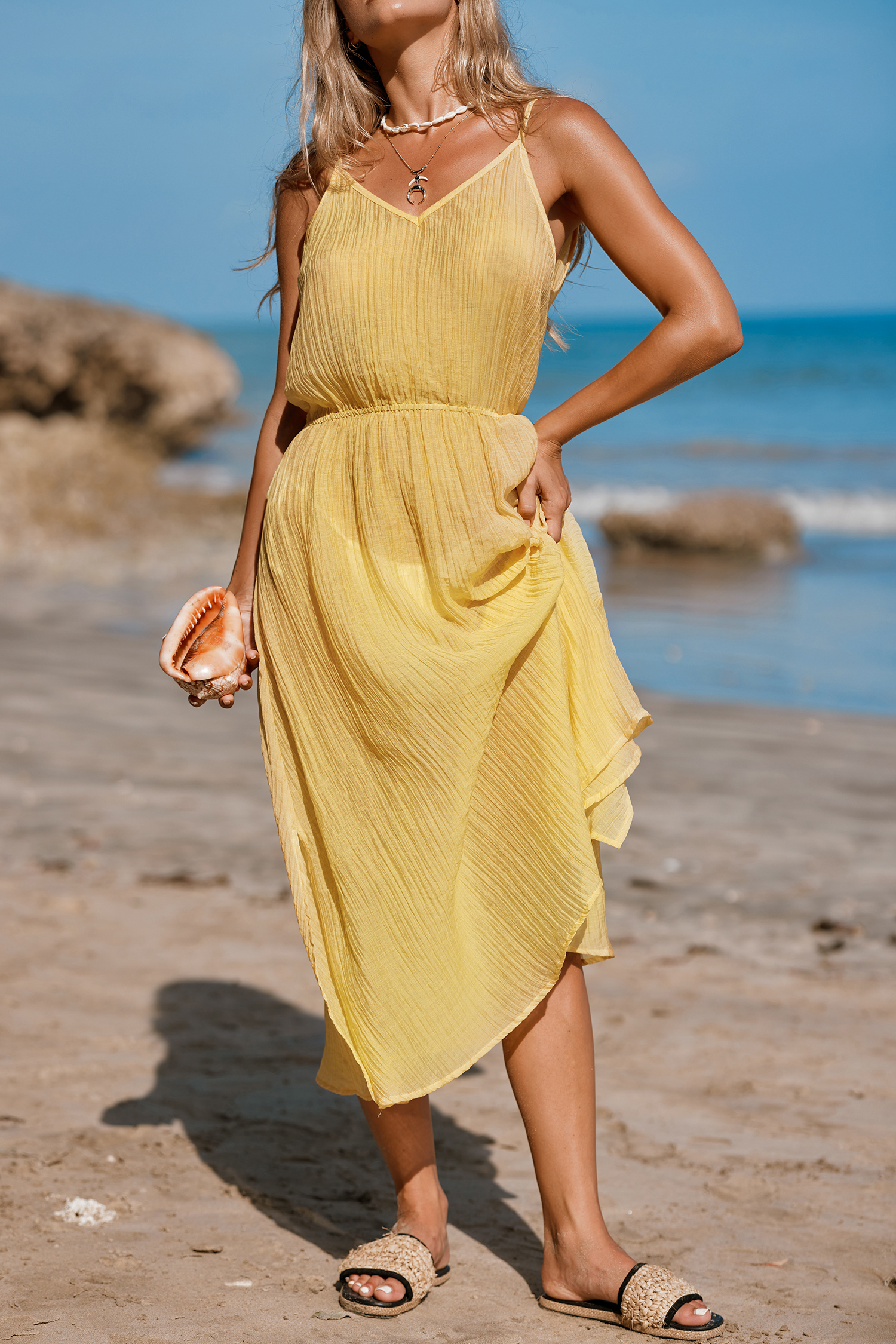 Robe cover up blouson à col en V jaune