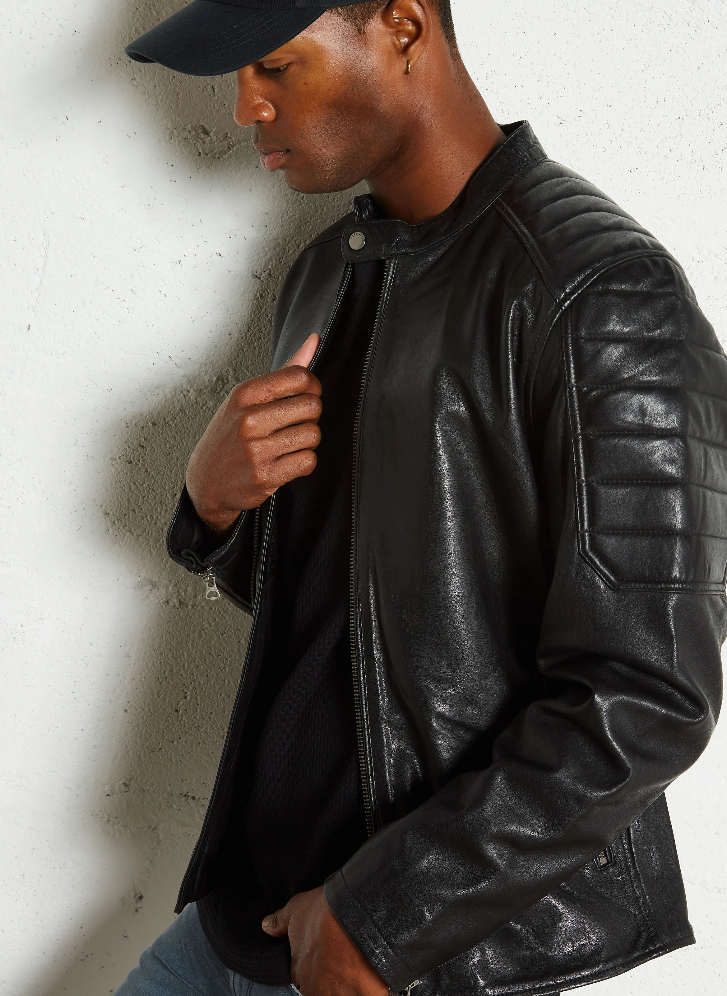 TRAVIS - Veste col rond en cuir | Noir