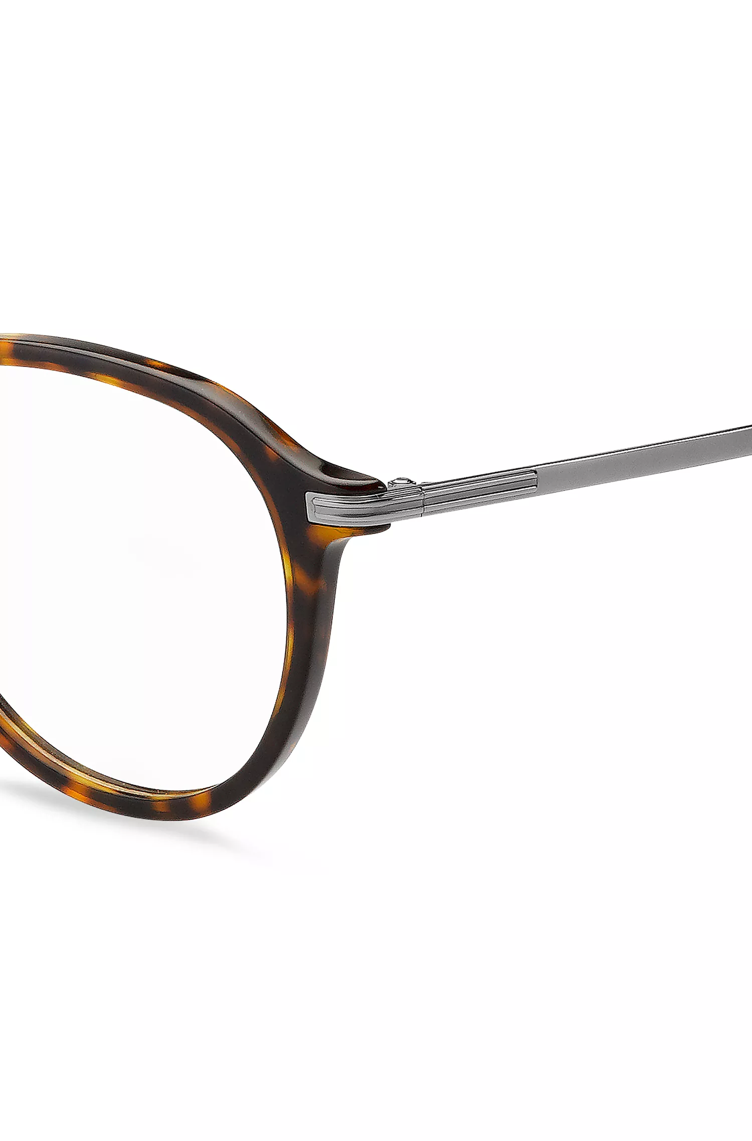 Armação de óculos BOSS em acetato preto Havana com detalhes exclusivos.