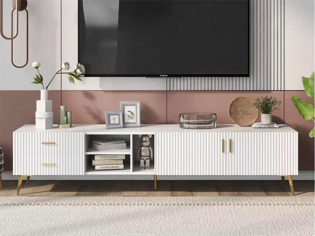 Meuble TV avec 2 portes, 2 tiroirs et 2 niches - MDF - pièds métallique - blanc