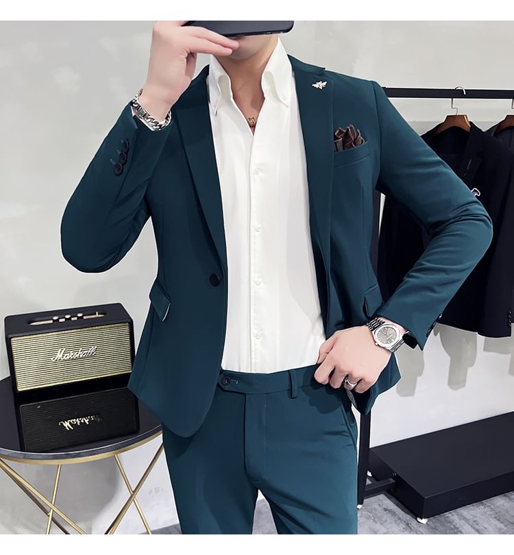 Blueforce - Set: Effen blazer met één knoop + Hoge taille rechte broek
