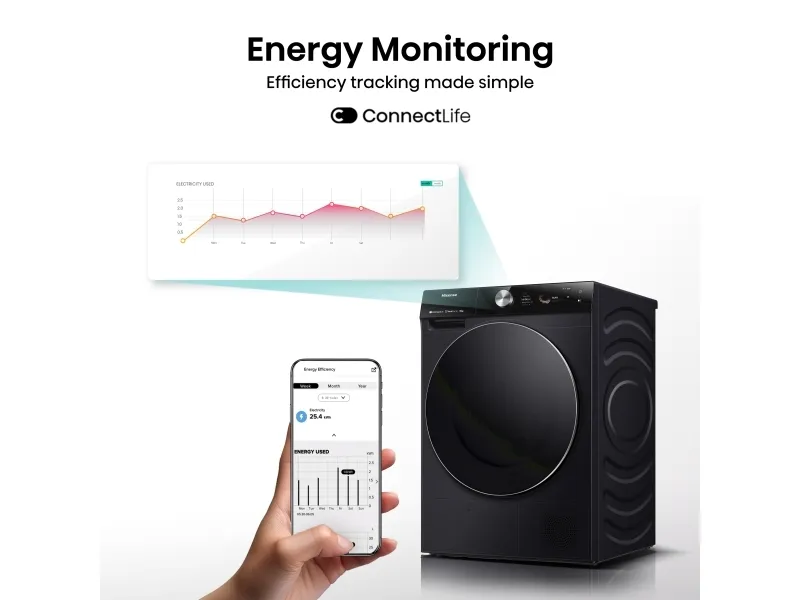 Hisense DH7S107BB, Fritstående, Front-læsning, Varmepumpe, Sort, Knapper, Dreje, Berøring, Højre