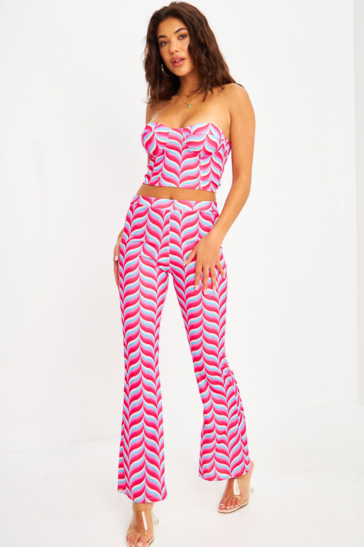 Ensemble 2 pièces crop top + pantalon évasé rose/bleu imprimé rétro