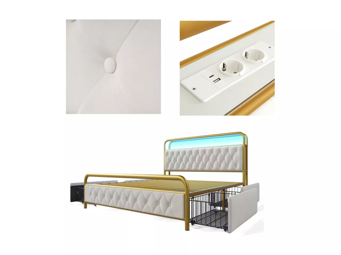 Lit 160x200cm avec tiroirs + LED + Ports de recharge - rembourré en velours - avec sommier en métal - Beige