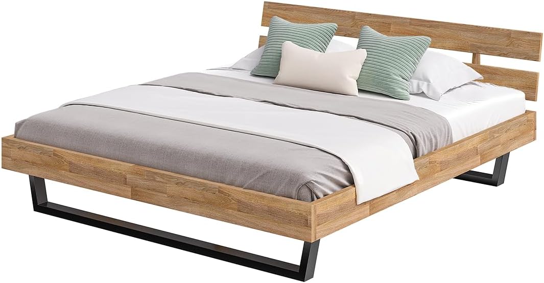 skølm Alver Massivholzbett 180x200 cm – Bettgestell aus Massivholz Eiche geölt – Holzbett mit schwarzen Metallkufen – hochwertiges Bett mit 2 Streben als Bettkopf – Bettrahmen geeignet als Doppelbett