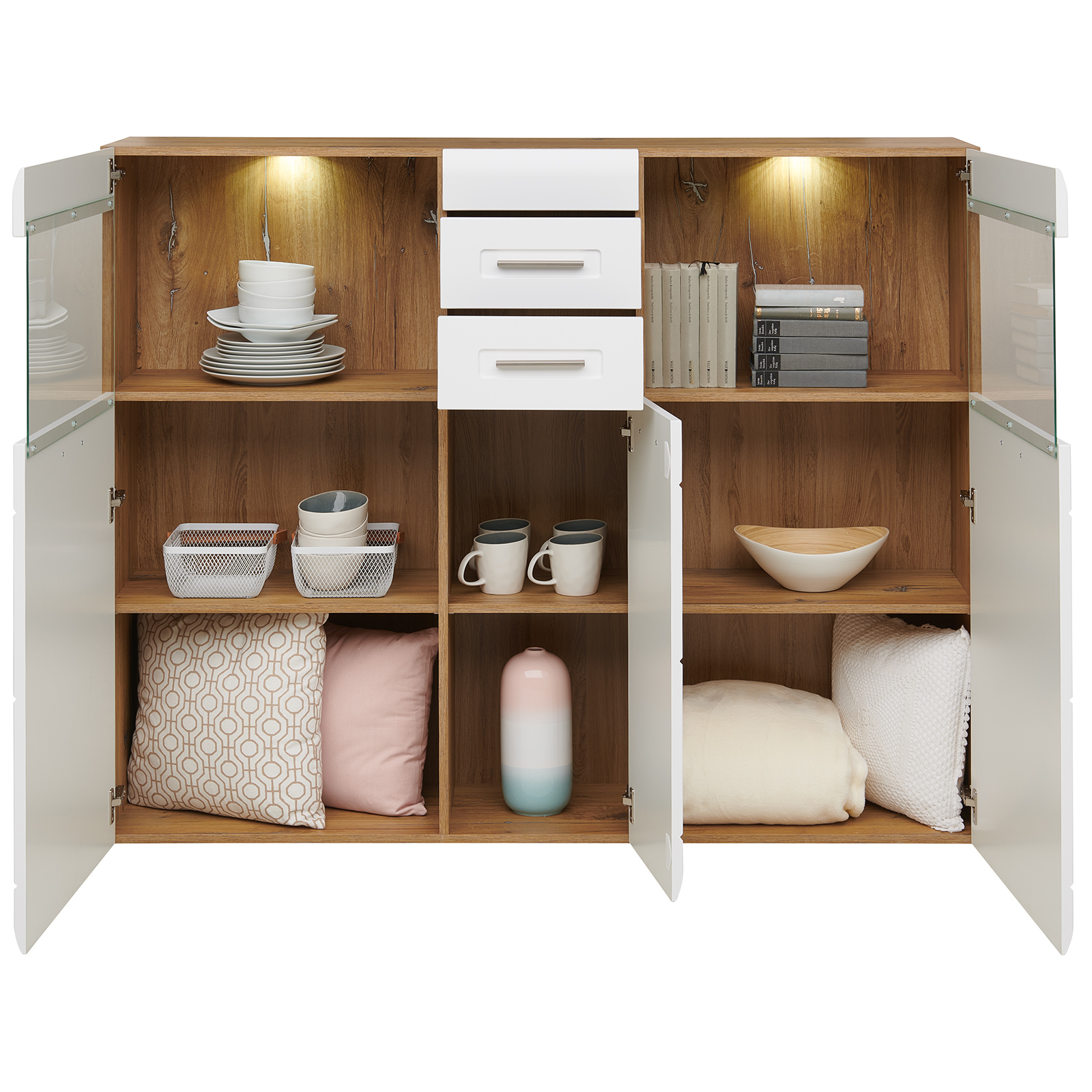Luca Bessoni Highboardvitrine AURIS - weiß-Flagstaff Eiche - 155 cm